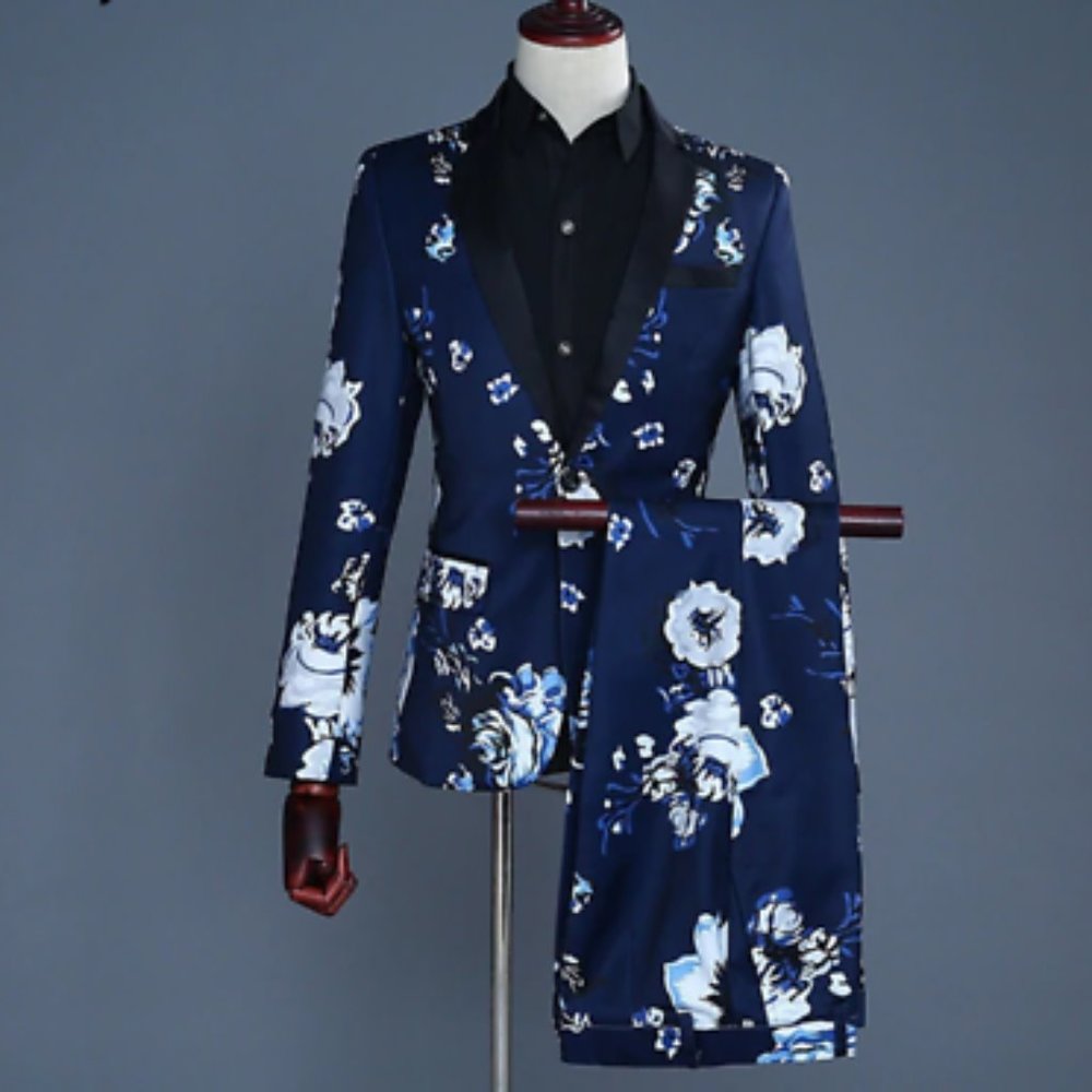 Navy Blue size L Floral Casual Design Mens Suit